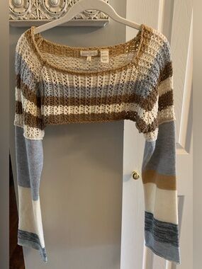 Gilded Intent Striped Crochet Shrug - Cream, Brown, Gray - L